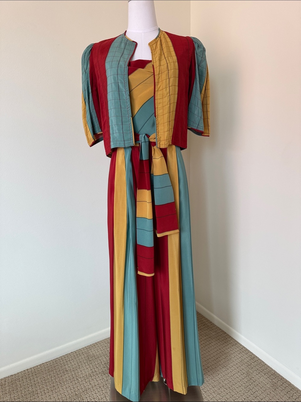 VTG Judy Hornby Couture 4Pc Silk Jumpsuit Set Del Ann's Dallas Stripe Colorblock